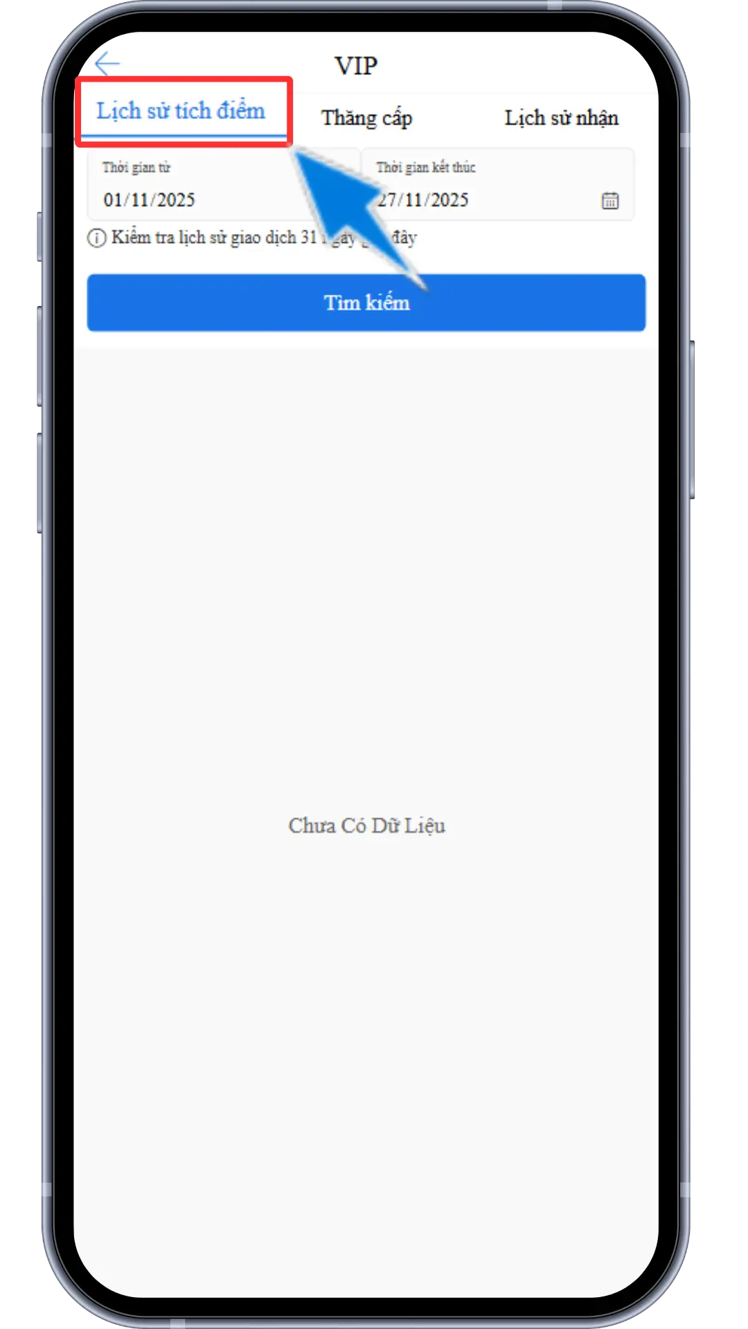 Bước 4 : Tại đây có thể kiểm tra được " Lịch sử tích điểm " " Thăng cấp " " Lịch sử nhận"  